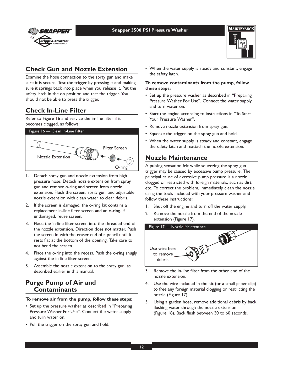 Briggs & Stratton 3500PSI manual Check Gun and Nozzle Extension, Check In-Line Filter, Nozzle Maintenance 