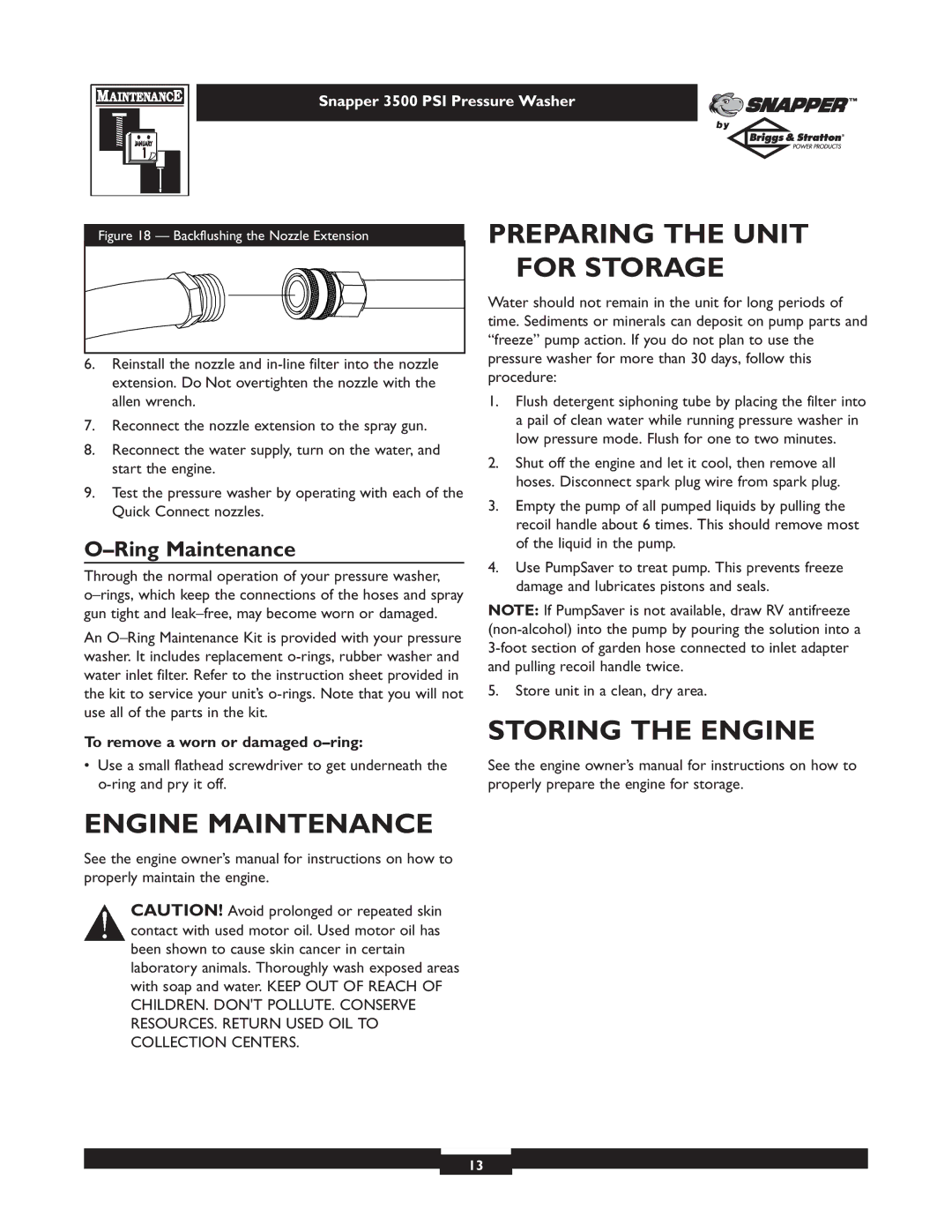 Briggs & Stratton 3500PSI manual Preparing the Unit for Storage, Storing the Engine Engine Maintenance, Ring Maintenance 