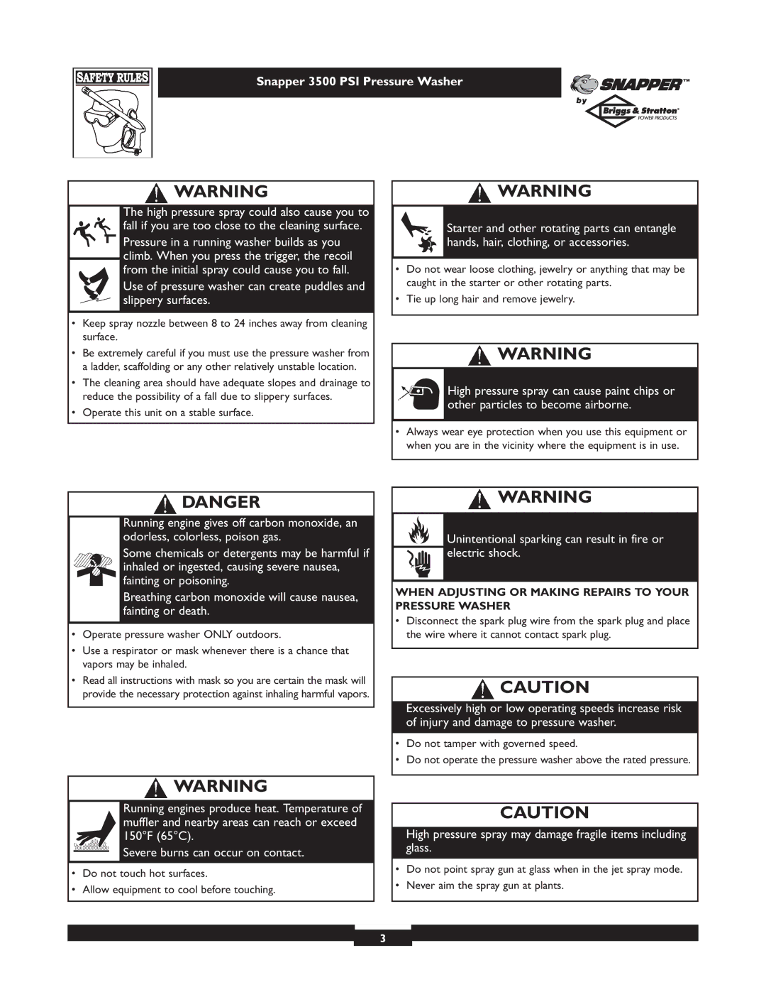 Briggs & Stratton 3500PSI manual High pressure spray may damage fragile items including glass 