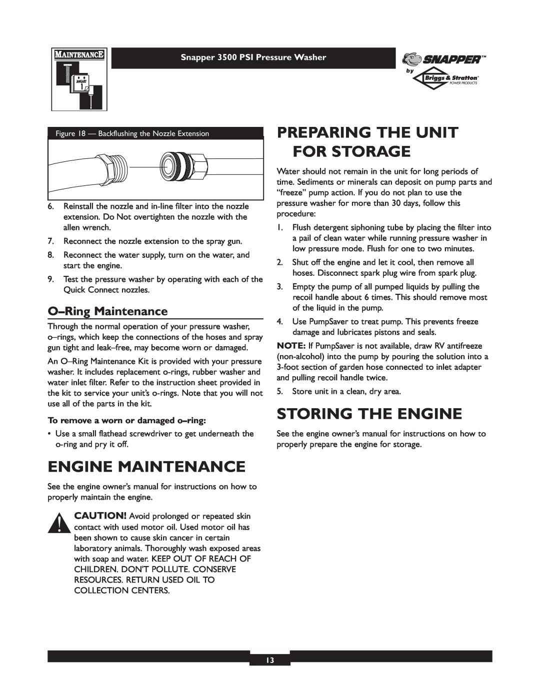Briggs & Stratton 3500PSI manual Preparing The Unit For Storage, Storing The Engine, Engine Maintenance, O-Ring Maintenance 