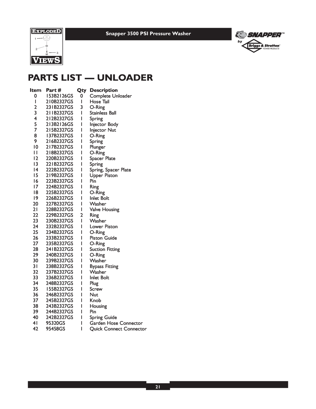 Briggs & Stratton 3500PSI Parts List - Unloader, Snapper 3500 PSI Pressure Washer, Description, Quick Connect Connector 