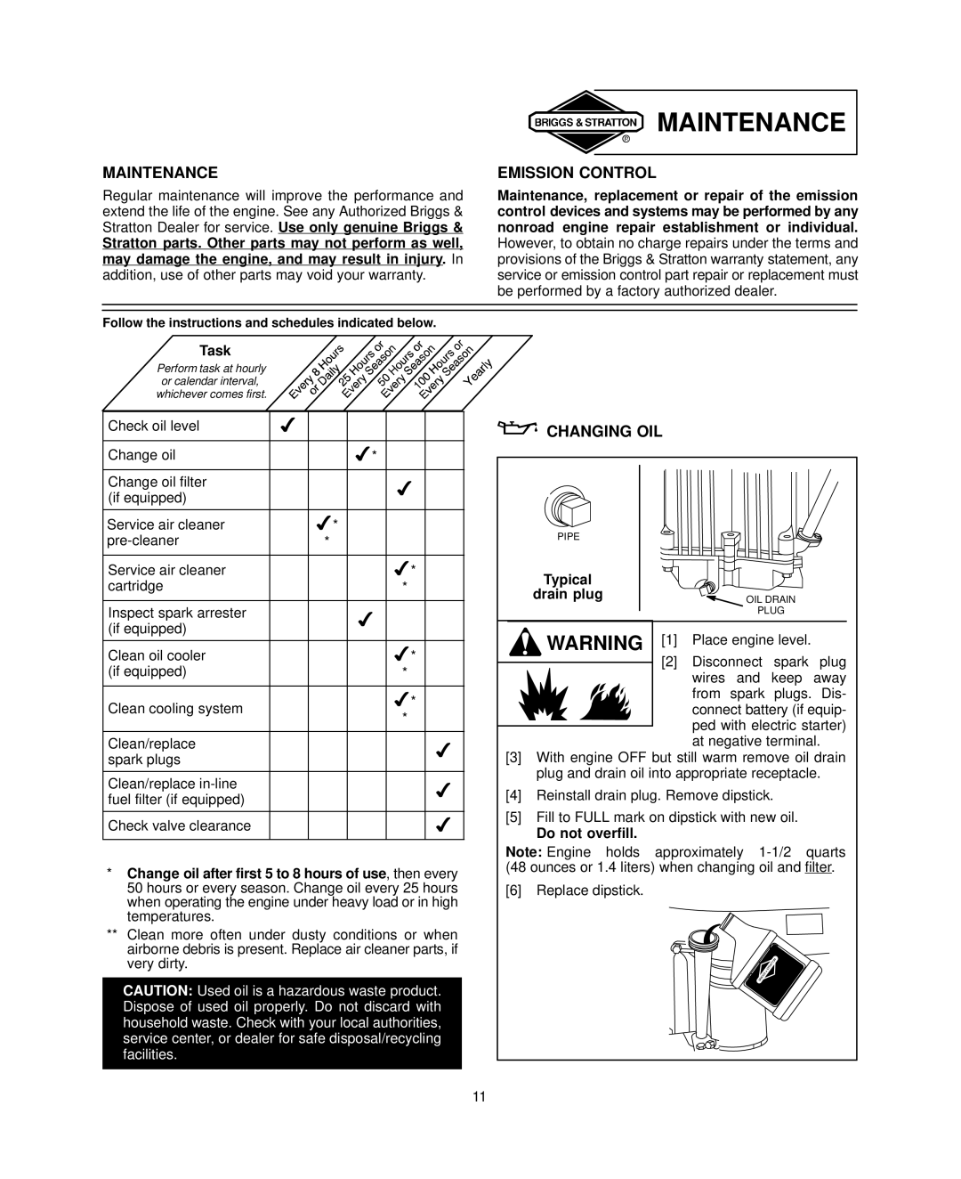 Briggs & Stratton 351700, 380700, 381700 warranty Maintenance, Emission Control, Changing OIL 