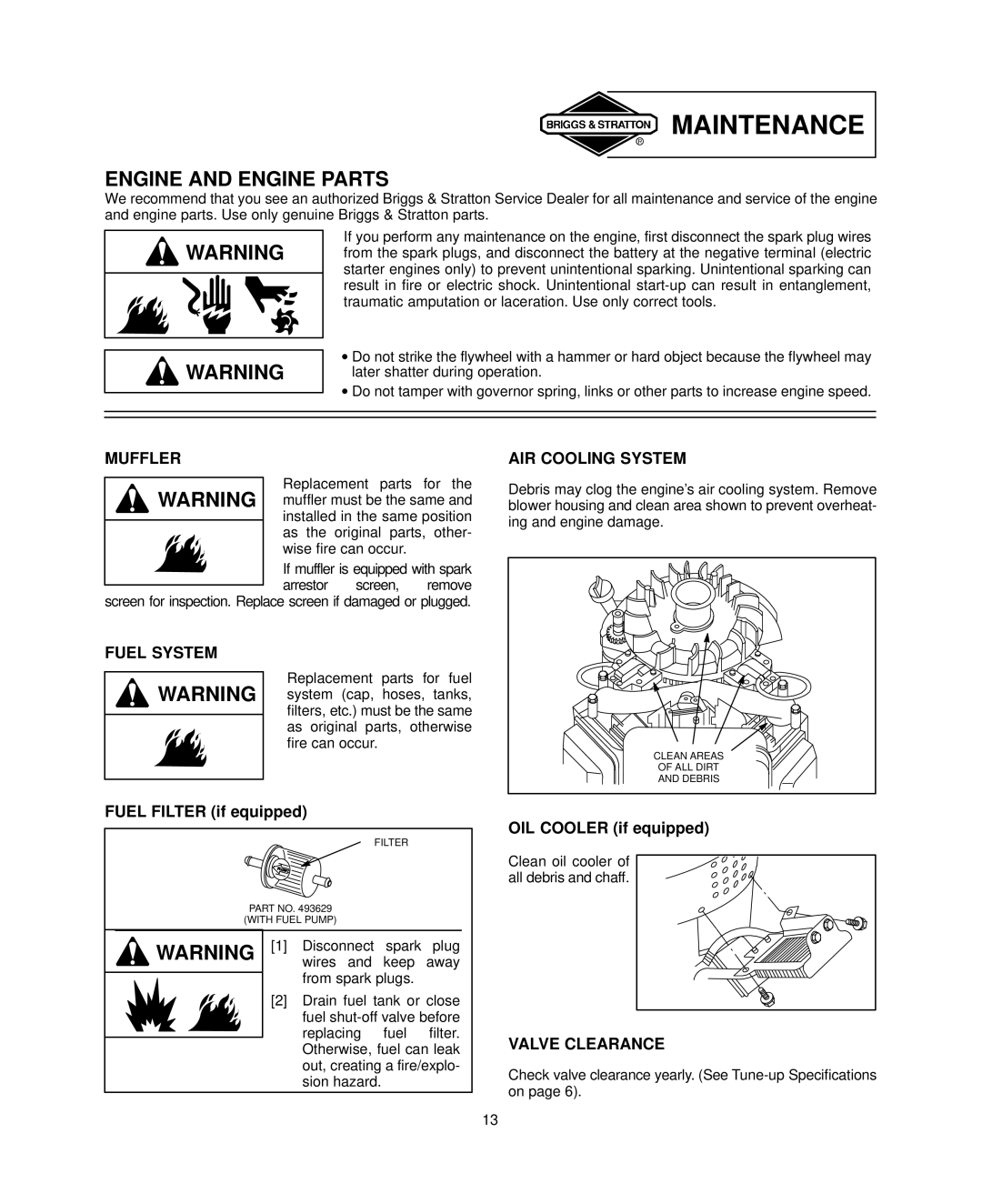 Briggs & Stratton 381700, 380700 warranty Engine and Engine Parts, Muffler, AIR Cooling System, Fuel System, Valve Clearance 