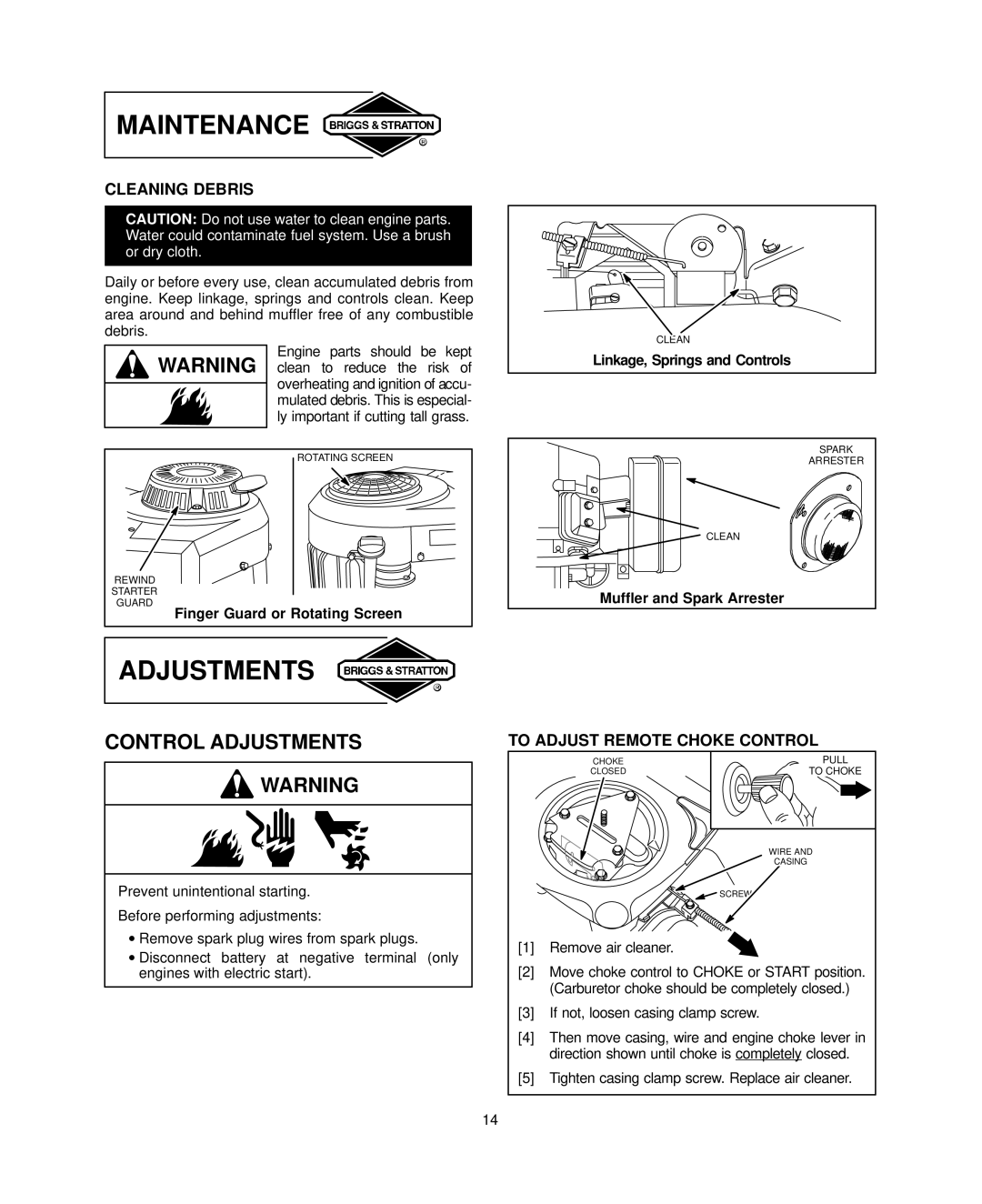 Briggs & Stratton 351700, 380700, 381700 Control Adjustments, Cleaning Debris, To Adjust Remote Choke Control 