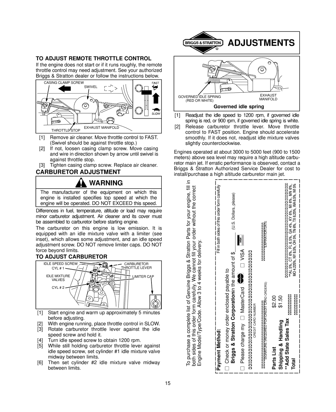 Briggs & Stratton 351700, 380700, 381700 To Adjust Remote Throttle Control, To Adjust Carburetor, Governed idle spring 