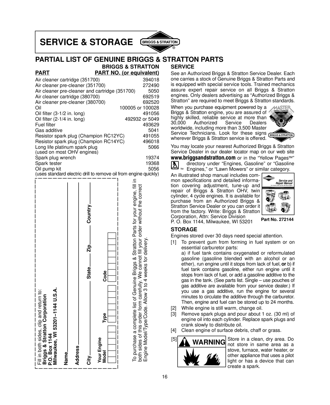 Briggs & Stratton 381700 Service & Storage, Partial List of Genuine Briggs & Stratton Parts, Part Briggs & Stratton 