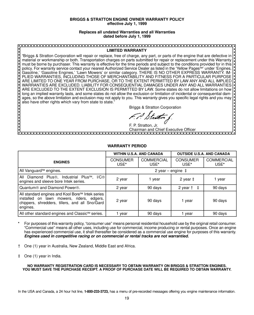 Briggs & Stratton 351700, 380700, 381700 warranty Briggs & Stratton Engine Owner Warranty Policy 