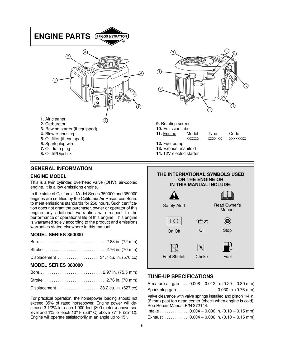 Briggs & Stratton 351700, 380700, 381700 warranty Engine Parts, Engine Model, Model Series 