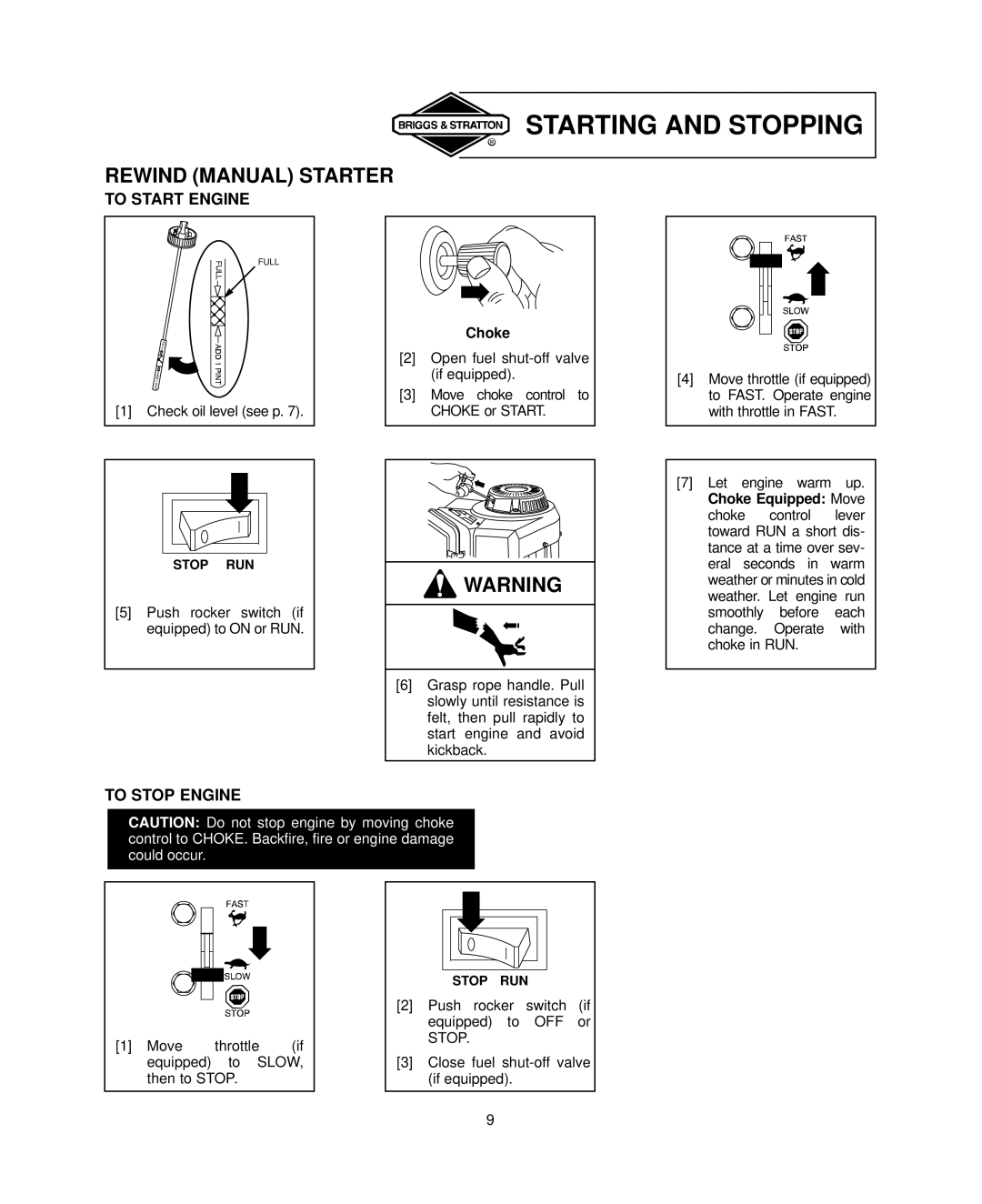 Briggs & Stratton 351700, 380700, 381700 Starting and Stopping, Rewind Manual Starter, To Start Engine, To Stop Engine 