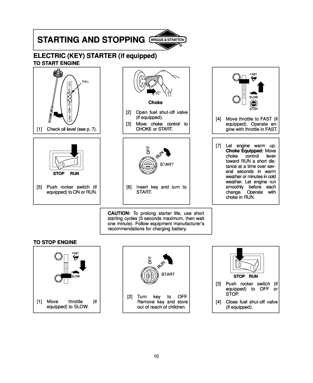 Briggs & Stratton 381700 ELECTRIC KEY STARTER if equipped, Starting And Stopping, To Start Engine, To Stop Engine, Choke 