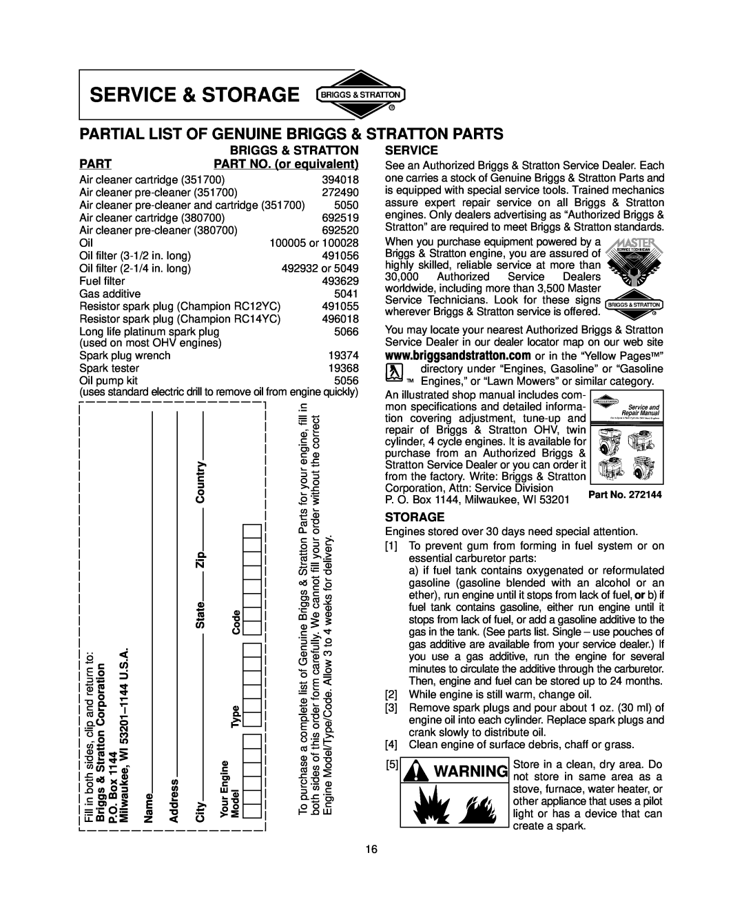Briggs & Stratton 381700 Service & Storage, Partial List Of Genuine Briggs & Stratton Parts, PART NO. or equivalent, Name 