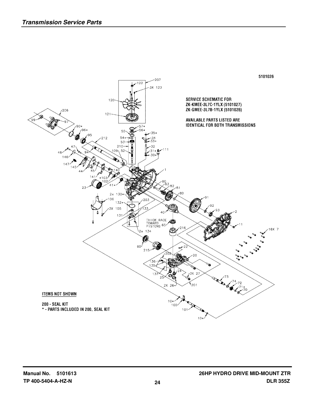 Briggs & Stratton 355ZB2654 DLR manual Transmission Service Parts 