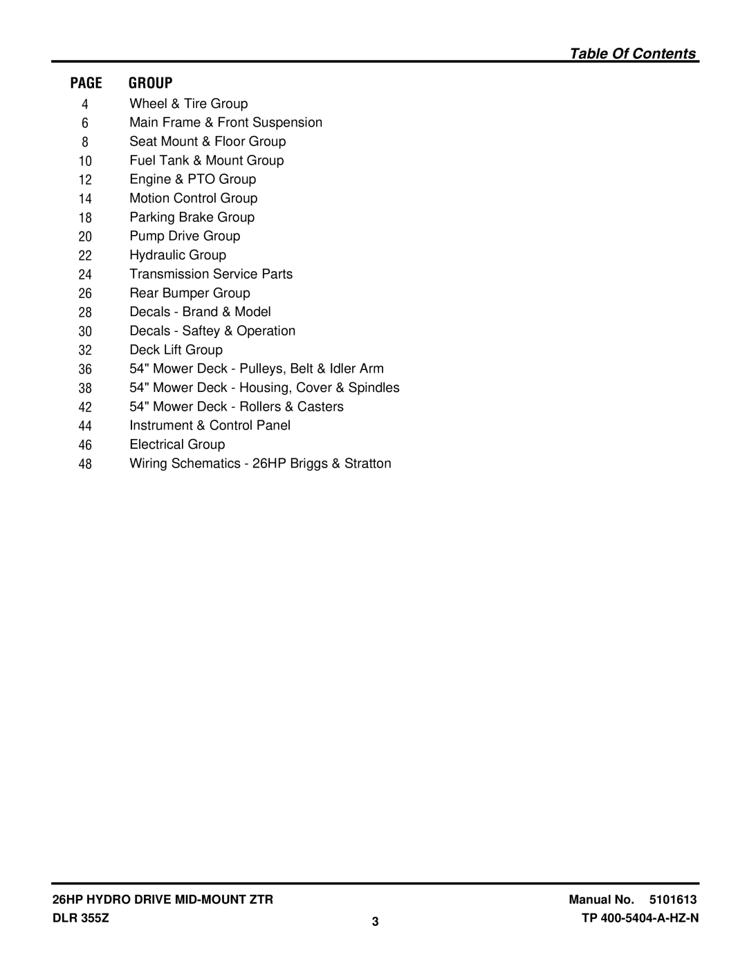 Briggs & Stratton 355ZB2654 DLR manual Table Of Contents 