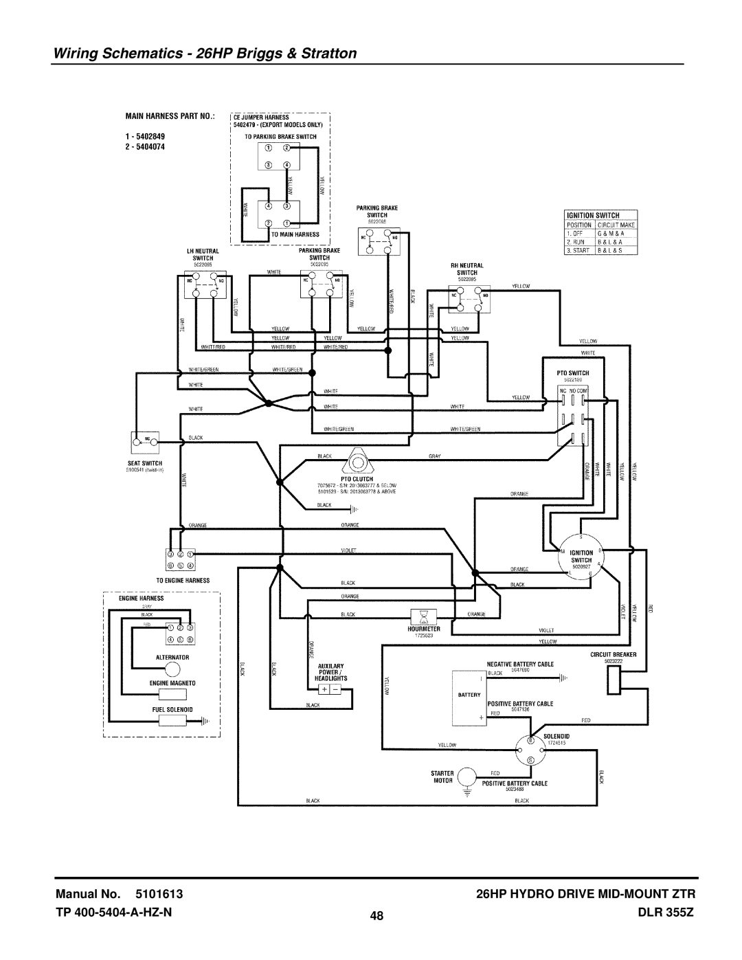 Briggs & Stratton 355ZB2654 DLR manual Wiring Schematics 26HP Briggs & Stratton 