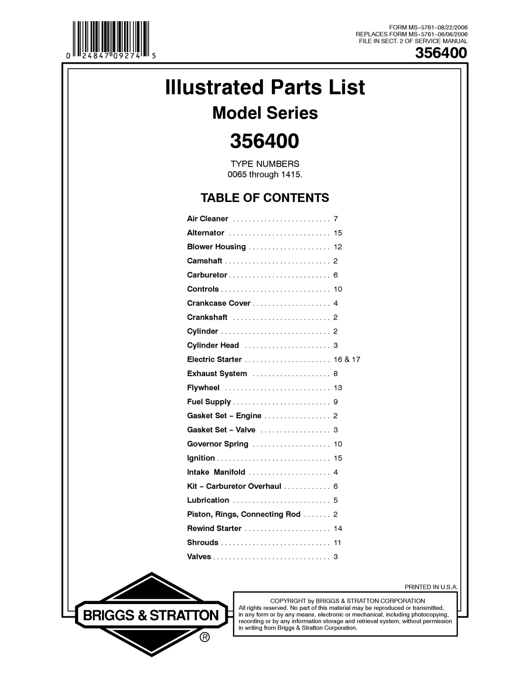 Briggs & Stratton 356400 service manual Illustrated Parts List 