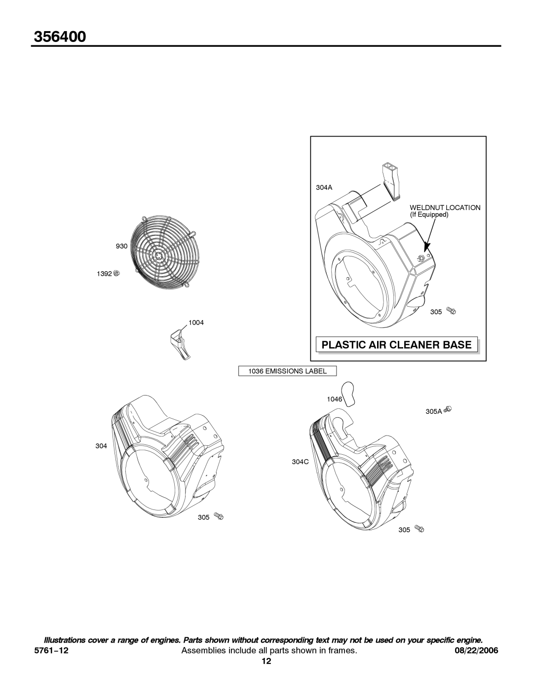 Briggs & Stratton 356400 service manual Plastic AIR Cleaner Base 