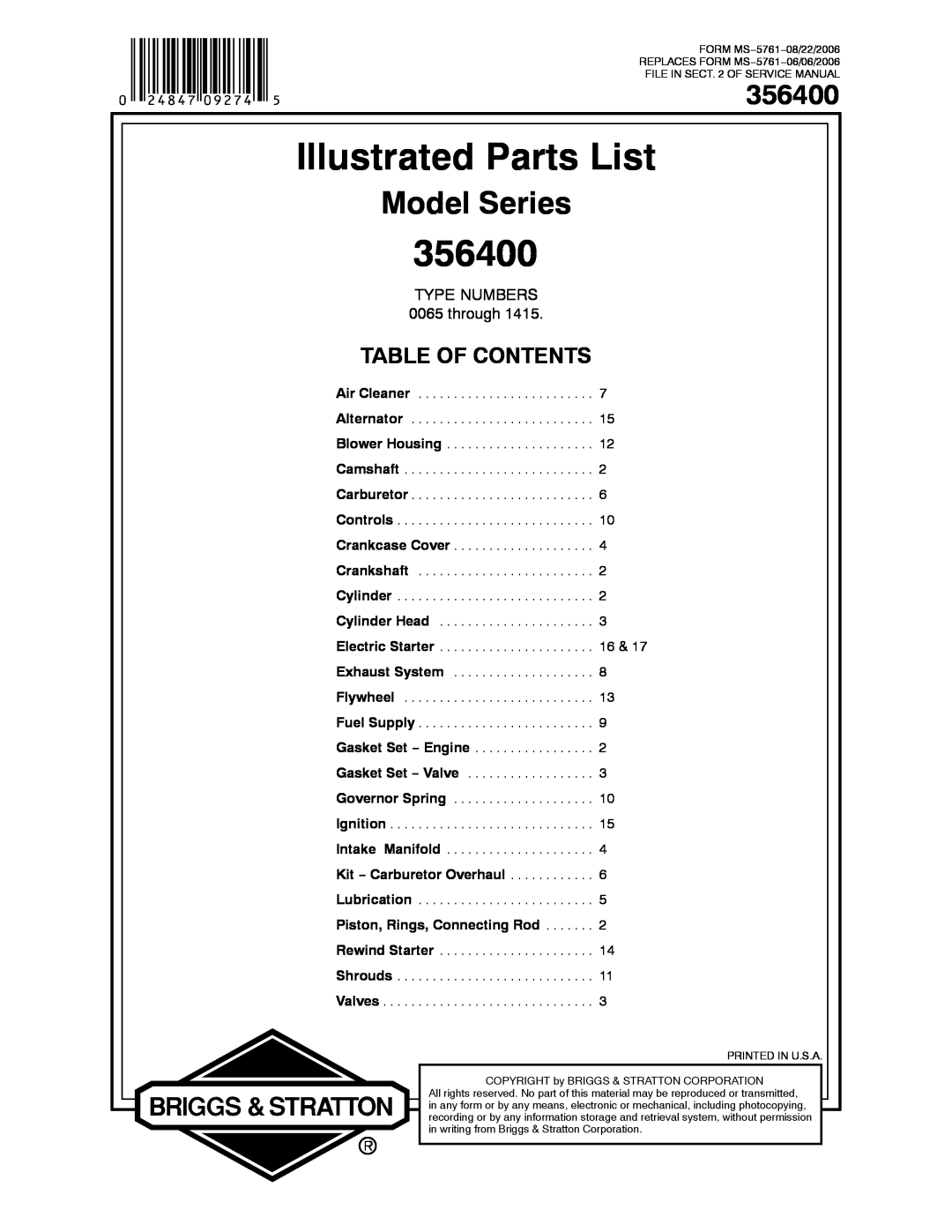Briggs & Stratton 356400 service manual Illustrated Parts List, Model Series, Table Of Contents, TYPE NUMBERS 0065 through 