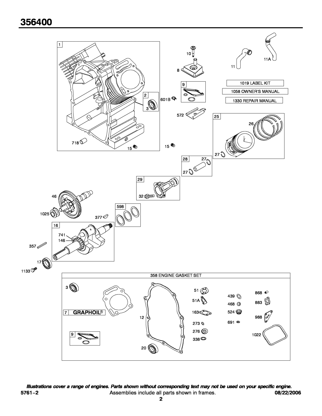 Briggs & Stratton 356400 service manual Graphoilr, 5761−2, Assemblies include all parts shown in frames, 08/22/2006 