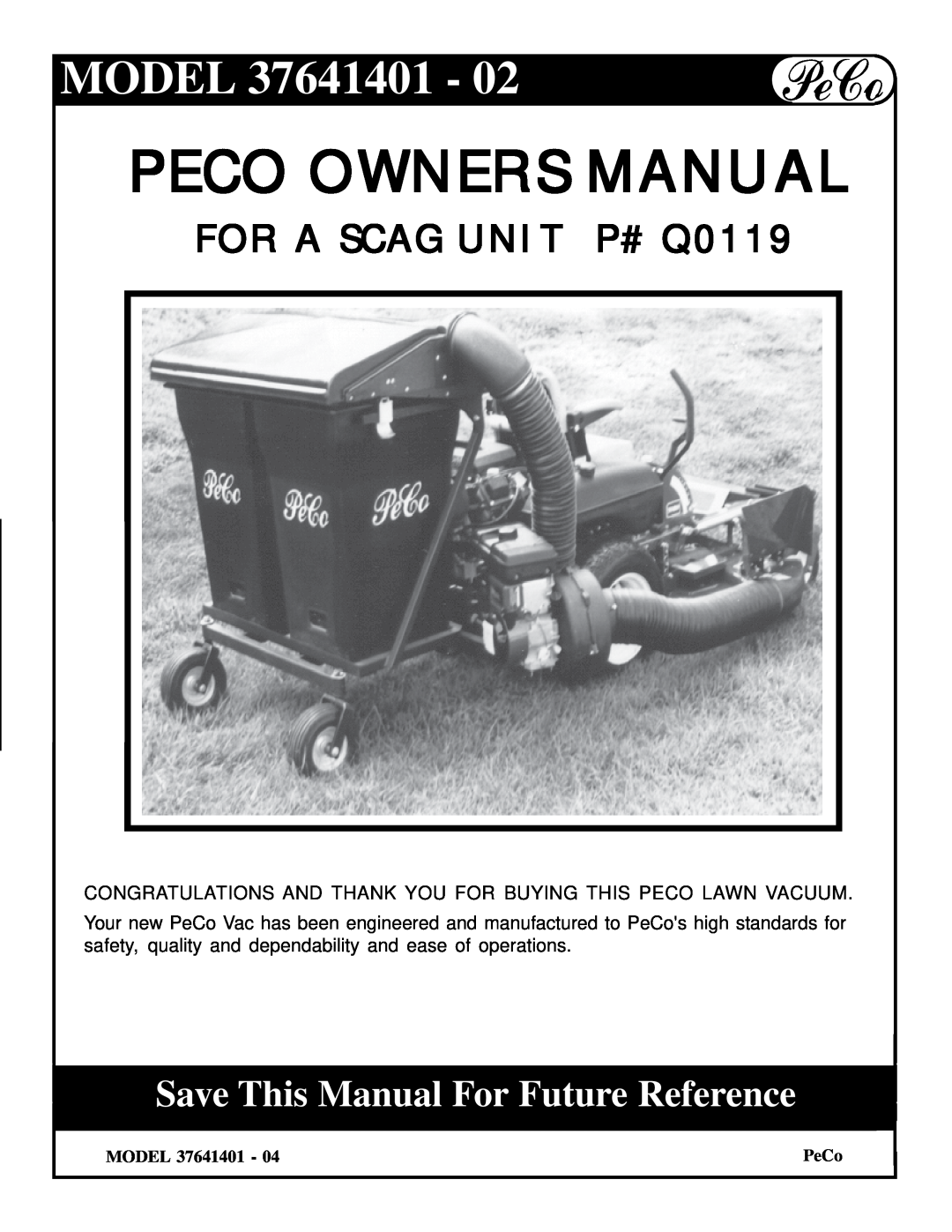 Briggs & Stratton owner manual MODEL 37641401, Save This Manual For Future Reference, Peco Owners Manual, PeCo 