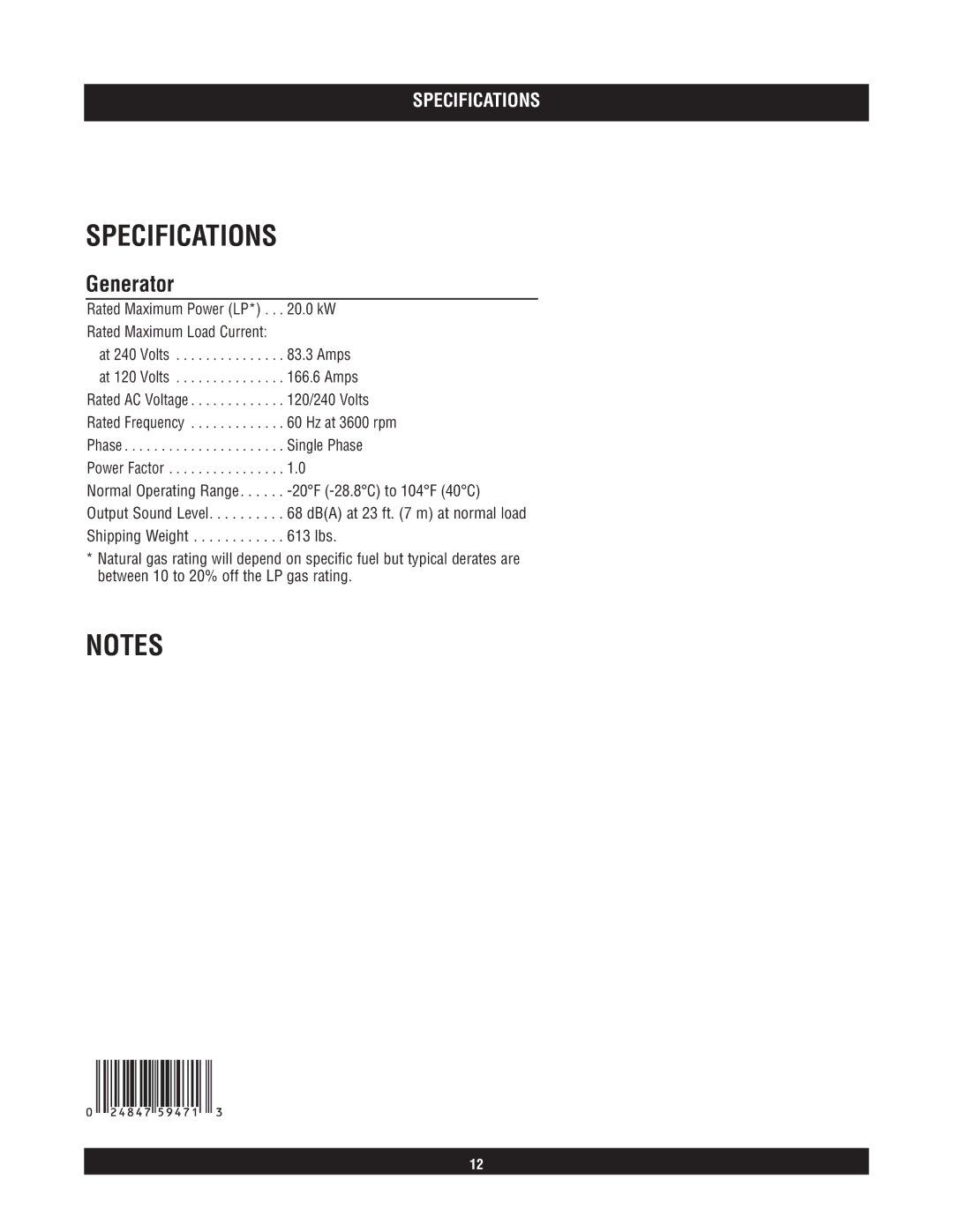 Briggs & Stratton 40211 manual Specifications, Generator 