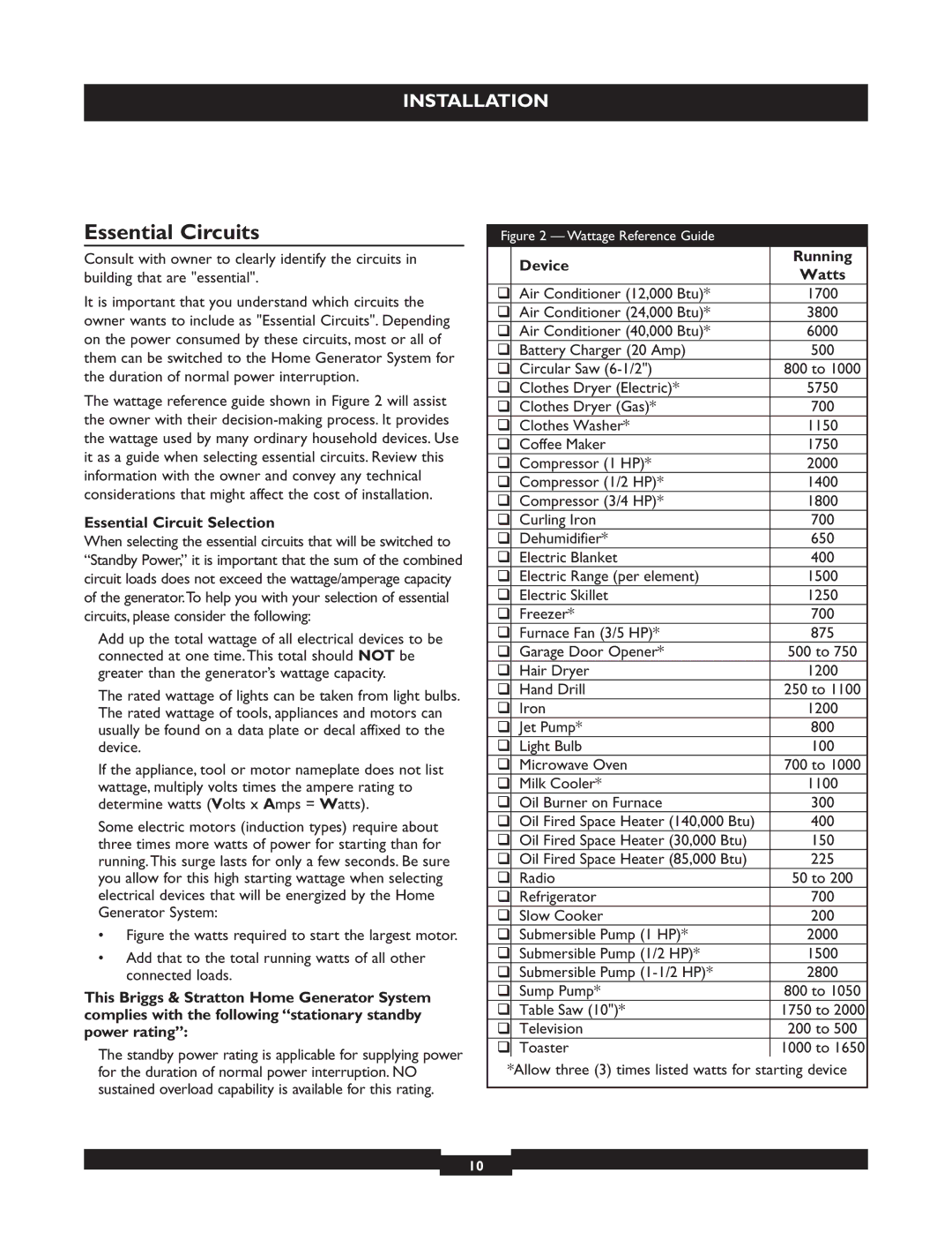 Briggs & Stratton 40221 manual Essential Circuits, Essential Circuit Selection, Device Running Watts 