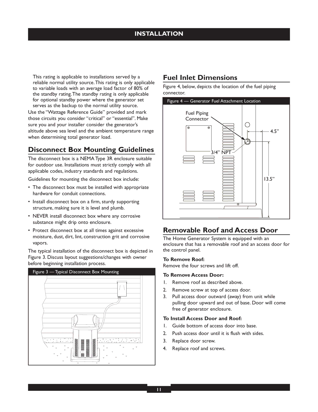 Briggs & Stratton 40221 manual Disconnect Box Mounting Guidelines, Fuel Inlet Dimensions, Removable Roof and Access Door 