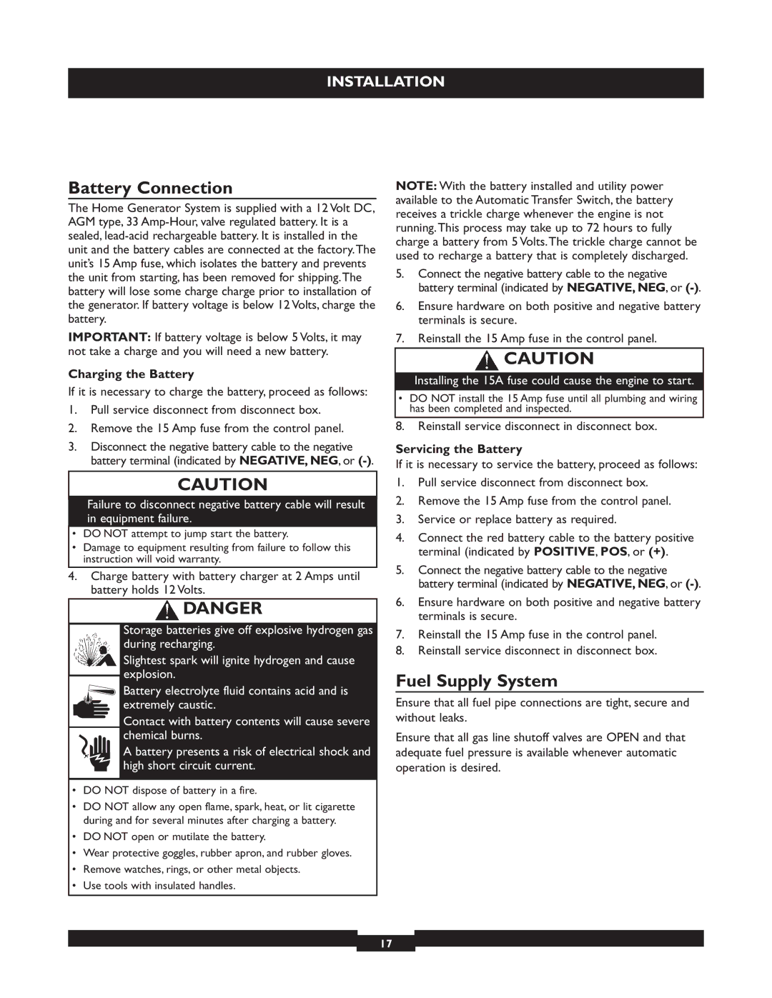 Briggs & Stratton 40221 manual Battery Connection, Fuel Supply System, Charging the Battery, Servicing the Battery 