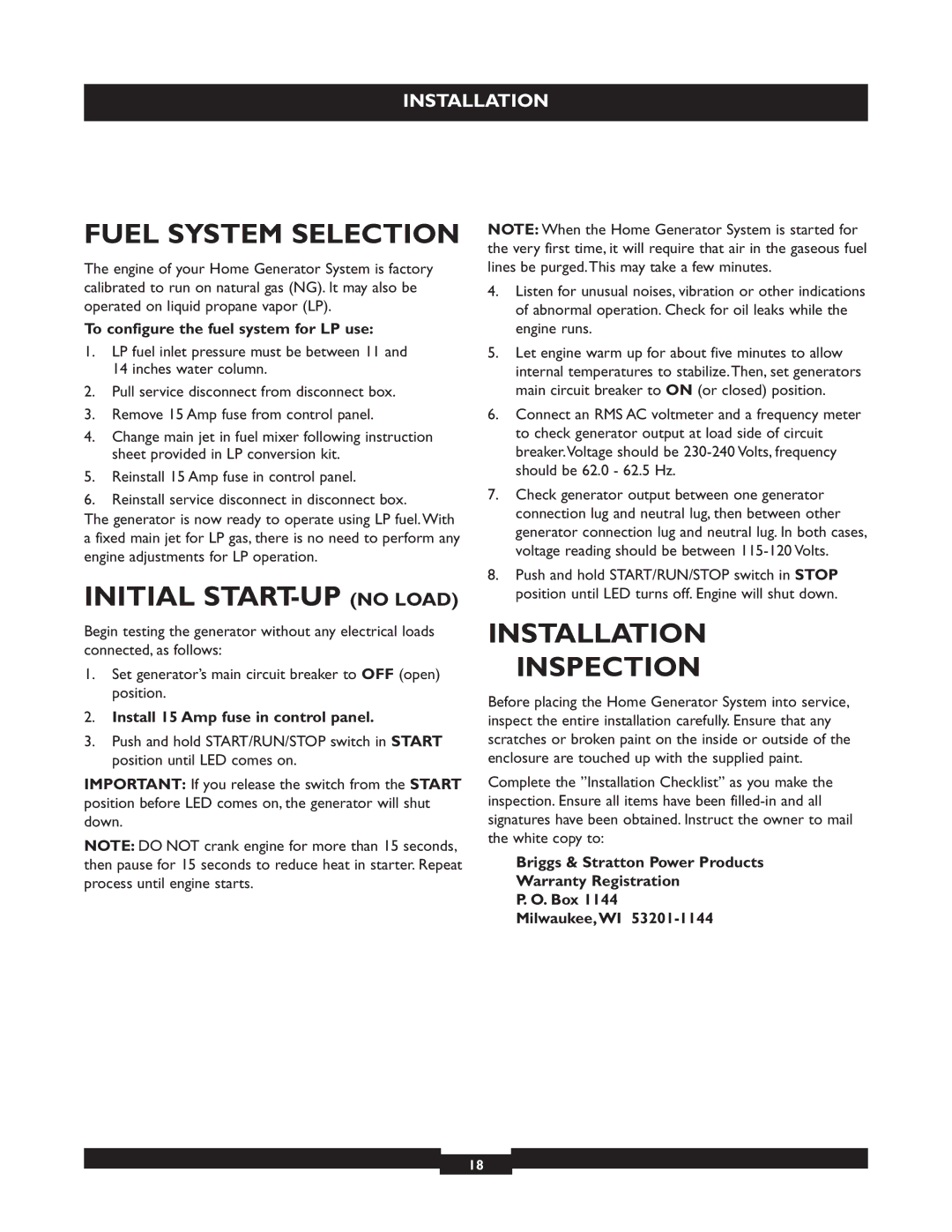 Briggs & Stratton 40221 manual Fuel System Selection, Initial START-UP no Load, Installation Inspection 