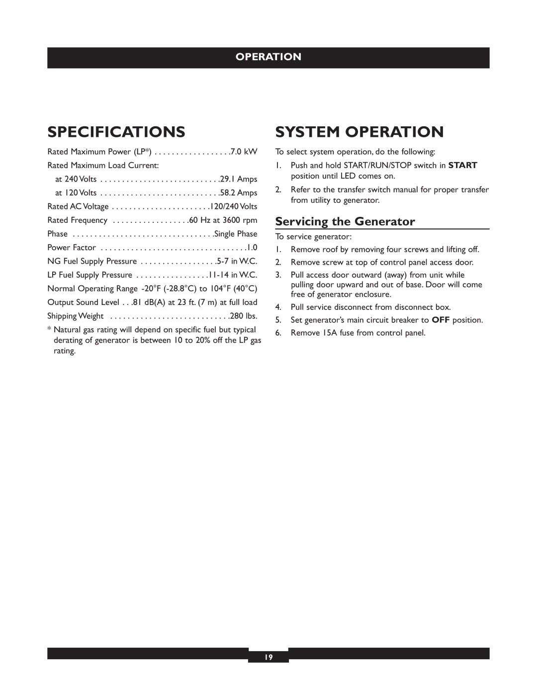 Briggs & Stratton 40221 manual Specifications, System Operation, Servicing the Generator, Rated Maximum Power LP 