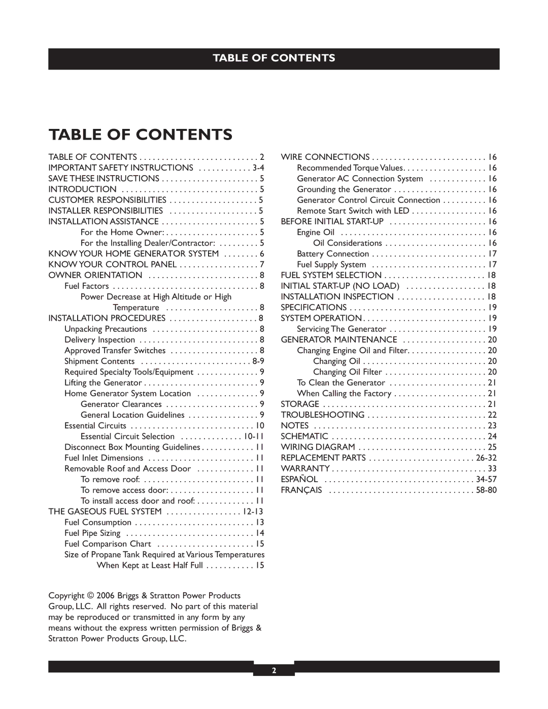 Briggs & Stratton 40221 manual Table of Contents 