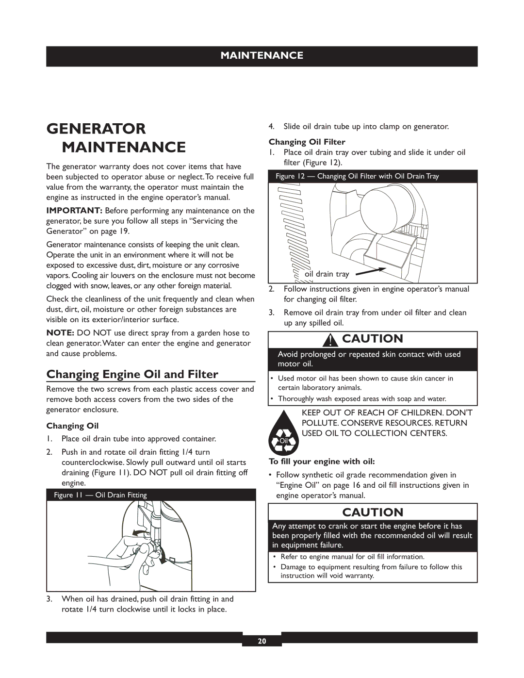 Briggs & Stratton 40221 manual Generator Maintenance, Changing Engine Oil and Filter, Changing Oil Filter 