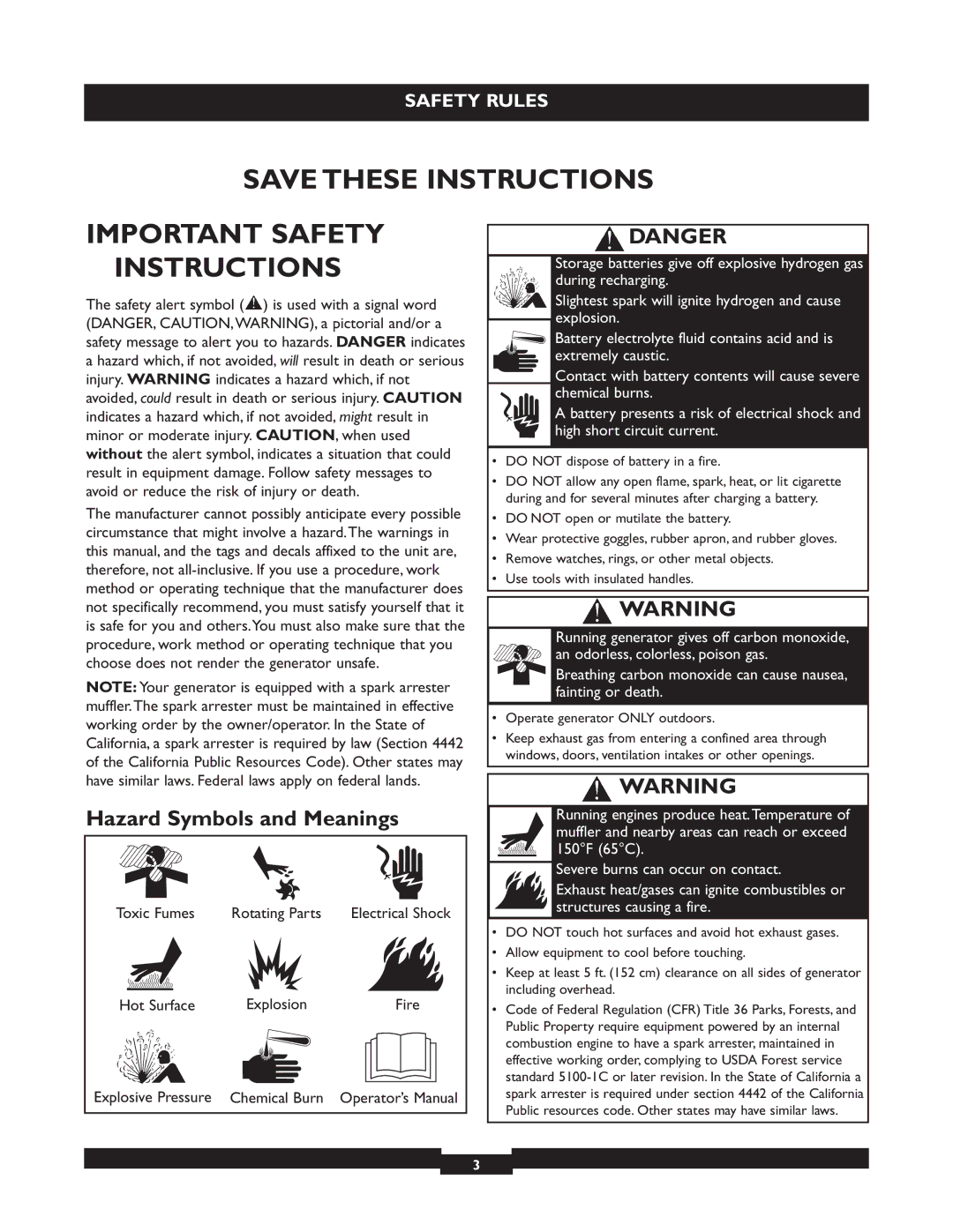 Briggs & Stratton 40221 Important Safety Instructions, Hazard Symbols and Meanings, Do not dispose of battery in a fire 