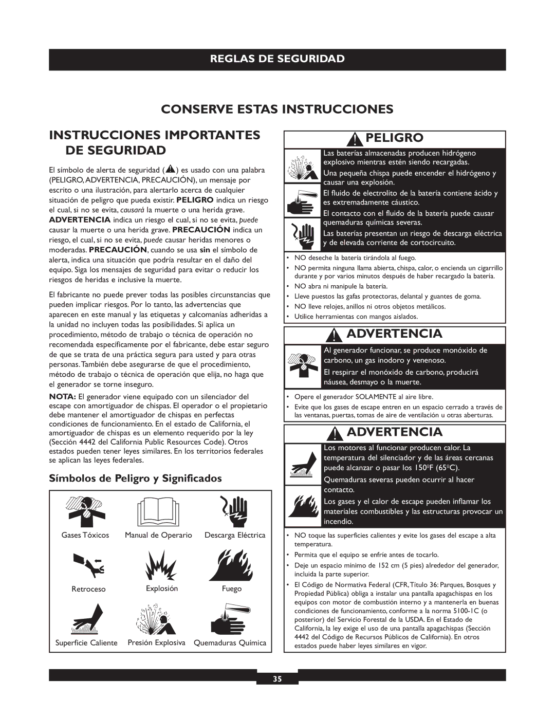 Briggs & Stratton 40221 manual Advertencia, Símbolos de Peligro y Significados, Gases Tóxicos Manual de Operario 