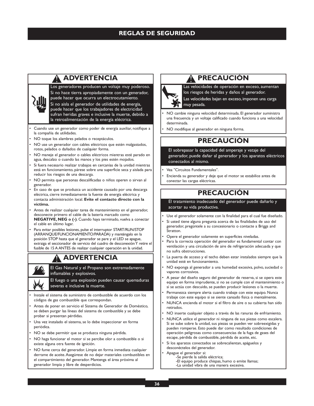 Briggs & Stratton 40221 manual Precaución, Los generadores producen un voltaje muy poderoso 