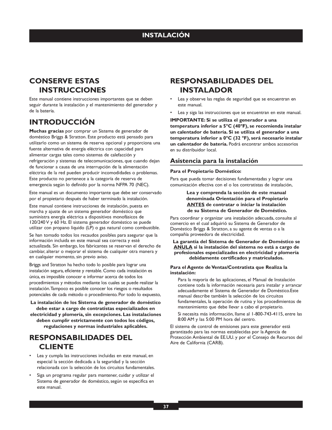 Briggs & Stratton 40221 manual Conserve Estas Instrucciones, Introducción, Responsabilidades DEL Cliente 