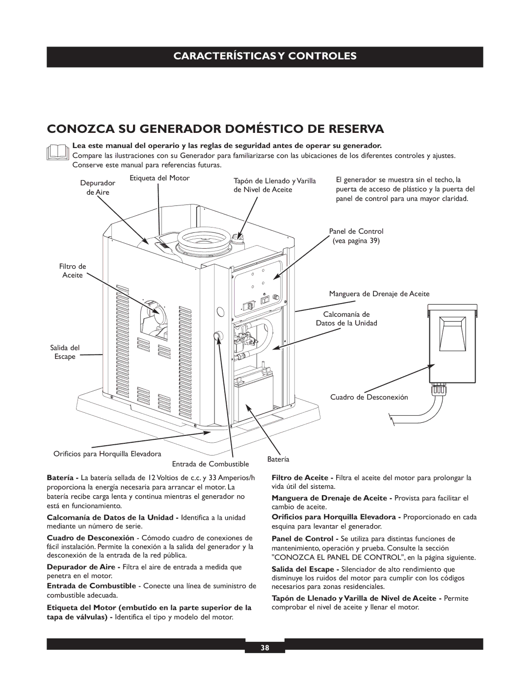 Briggs & Stratton 40221 manual Conozca SU Generador Doméstico DE Reserva, Etiqueta del Motor Tapón de Llenado y Varilla 