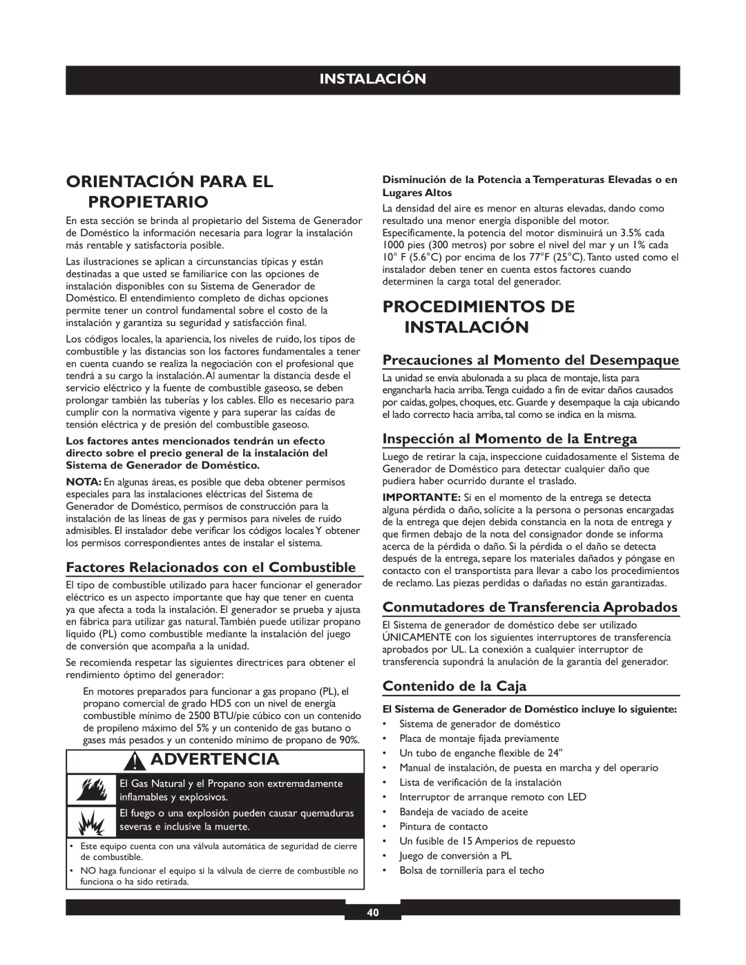 Briggs & Stratton 40221 manual Orientación Para EL Propietario, Procedimientos DE Instalación 