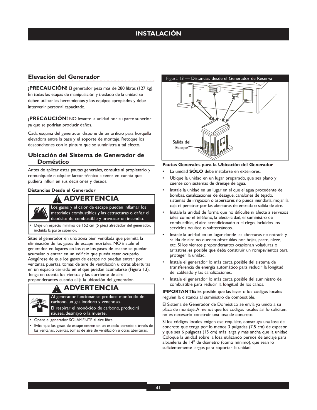 Briggs & Stratton 40221 manual Elevación del Generador, Ubicación del Sistema de Generador de Doméstico 