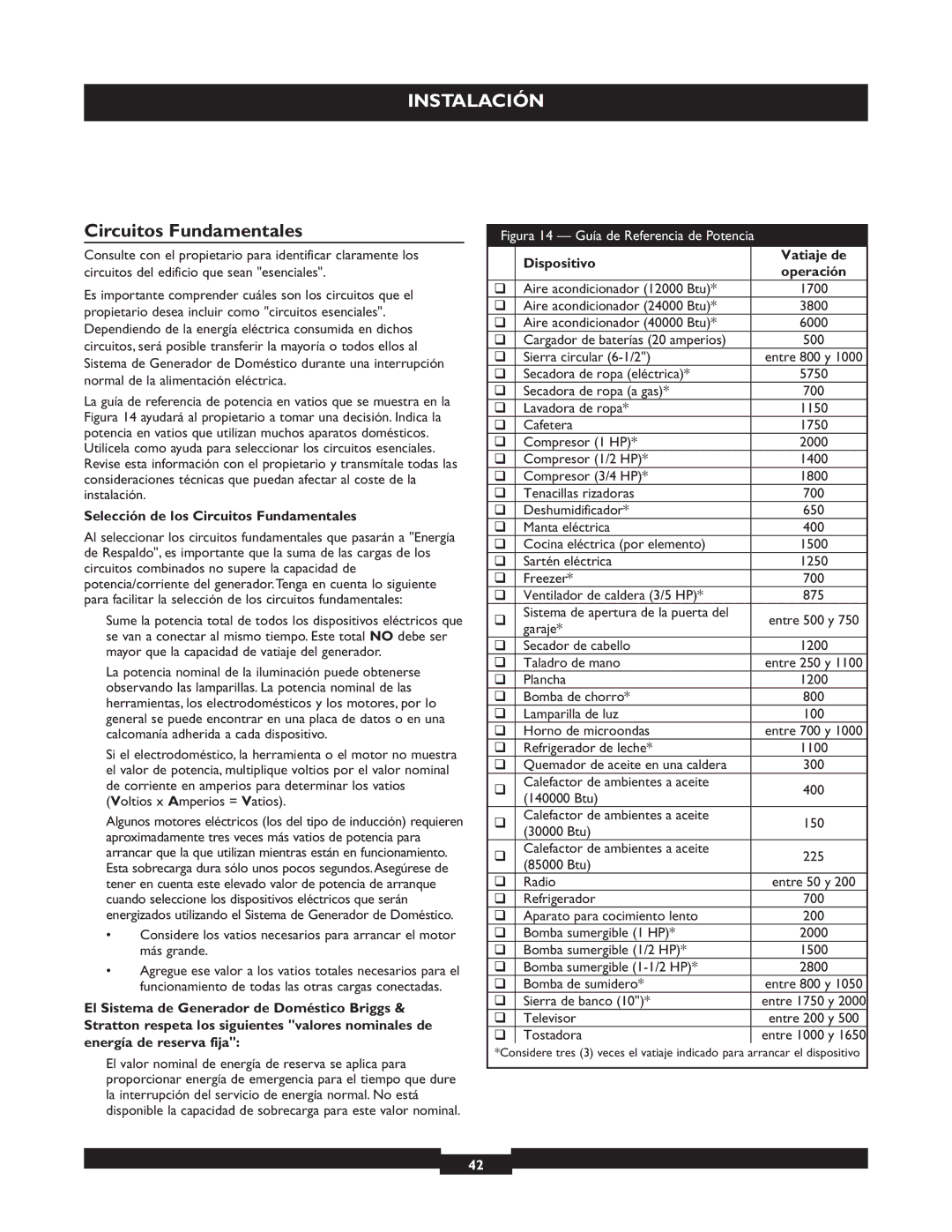 Briggs & Stratton 40221 manual Selección de los Circuitos Fundamentales, Dispositivo Vatiaje de 