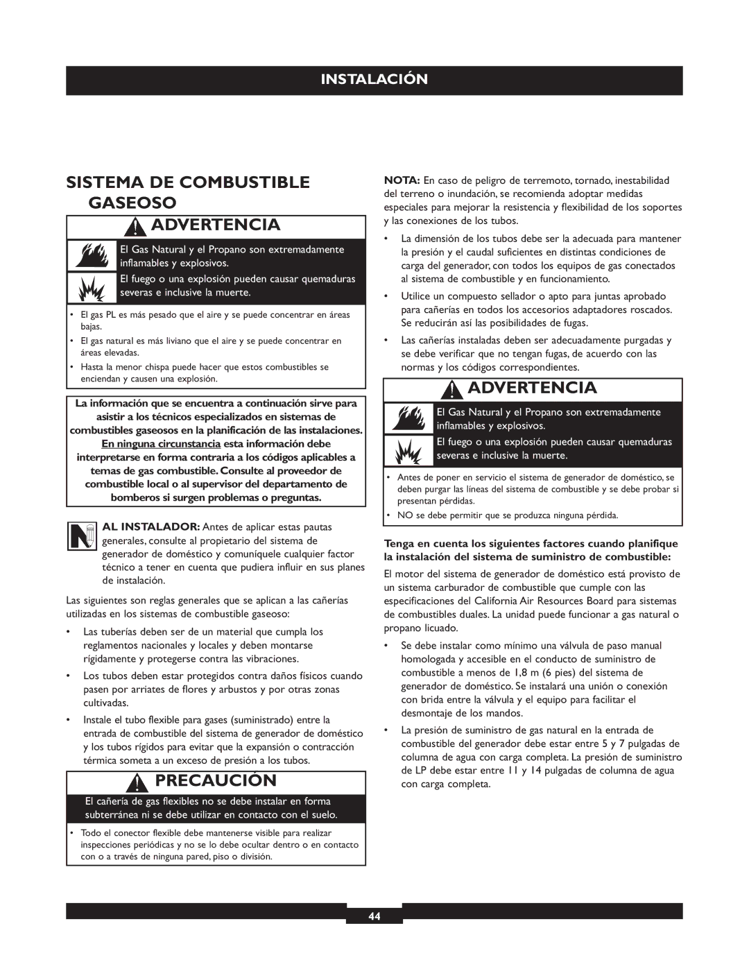 Briggs & Stratton 40221 manual Sistema DE Combustible Gaseoso Advertencia, Precaución 