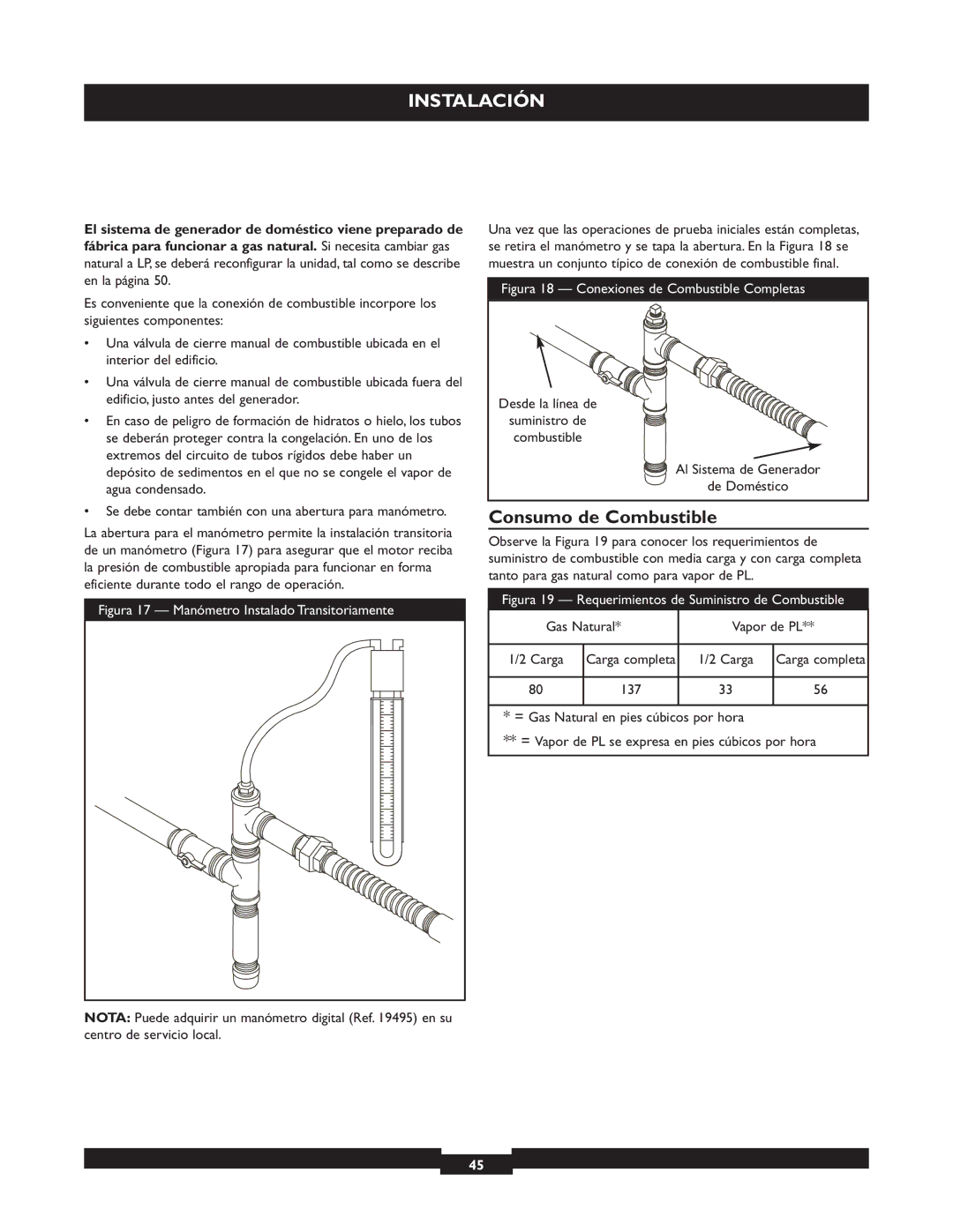 Briggs & Stratton 40221 manual Consumo de Combustible, Gas Natural Vapor de PL 