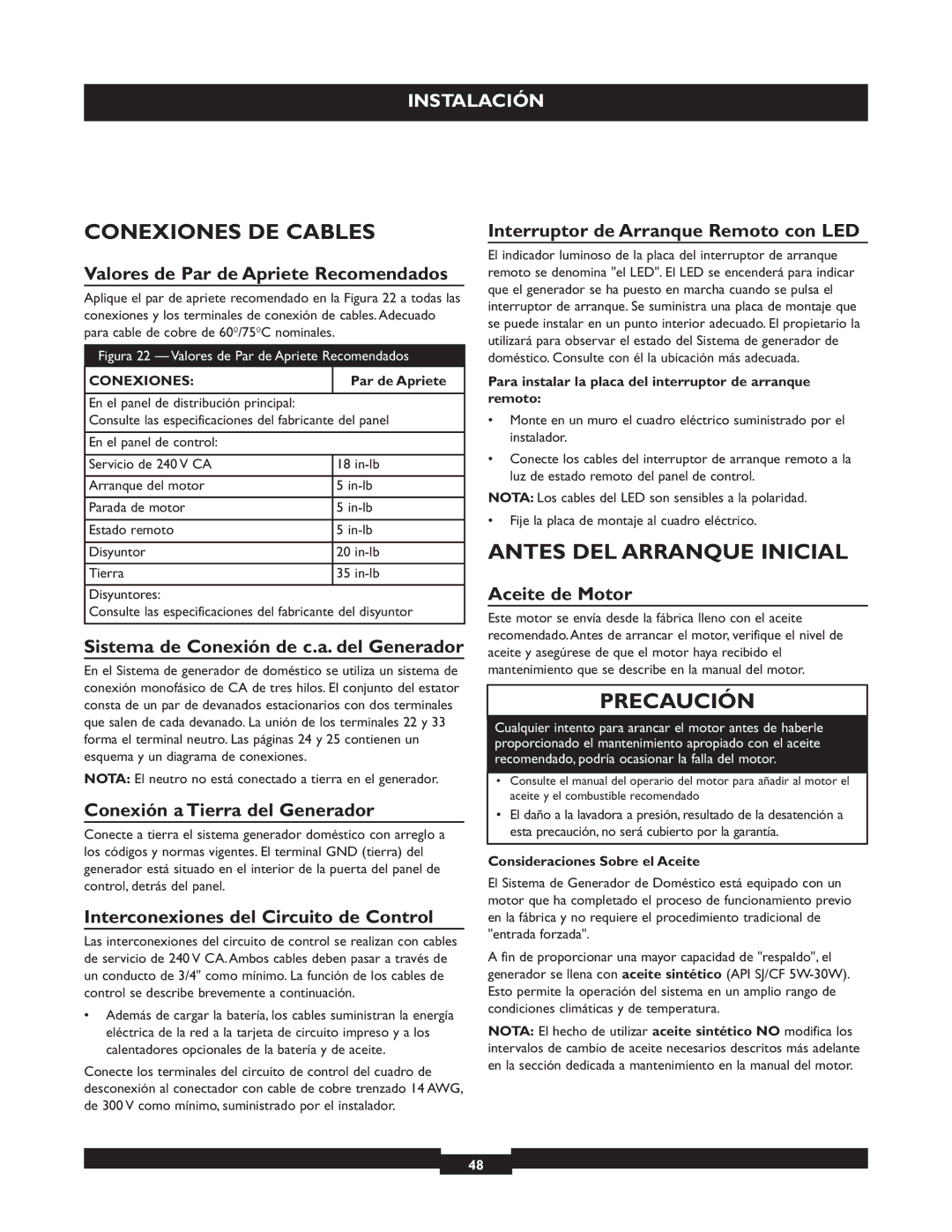 Briggs & Stratton 40221 manual Conexiones DE Cables, Antes DEL Arranque Inicial 