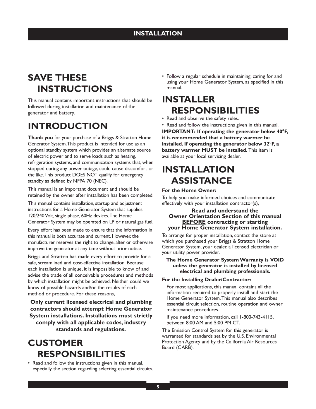 Briggs & Stratton 40221 manual Save These Instructions, Installer Responsibilities, Introduction, Customer 