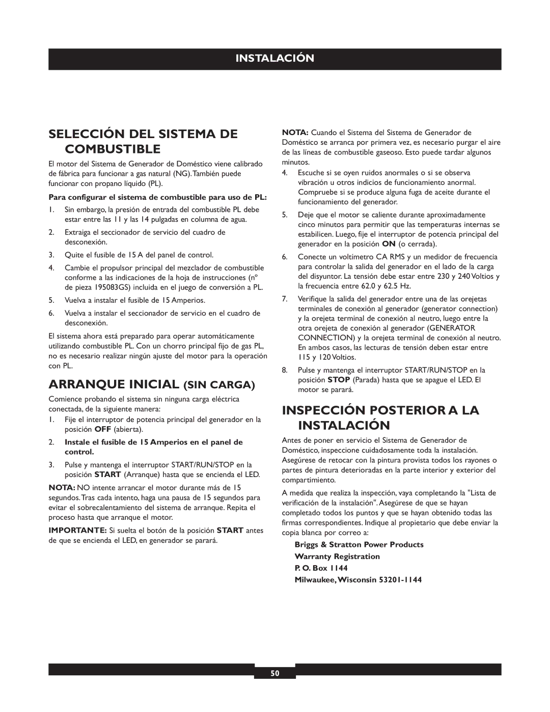 Briggs & Stratton 40221 manual Selección DEL Sistema DE Combustible, Arranque Inicial SIN Carga 