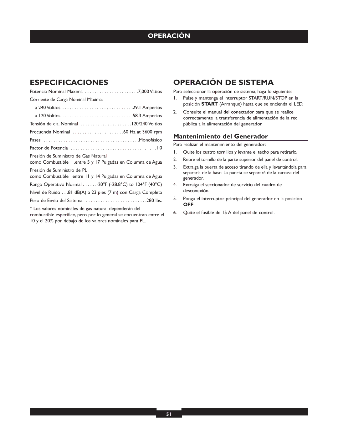 Briggs & Stratton 40221 manual Especificaciones, Operación DE Sistema, Mantenimiento del Generador 