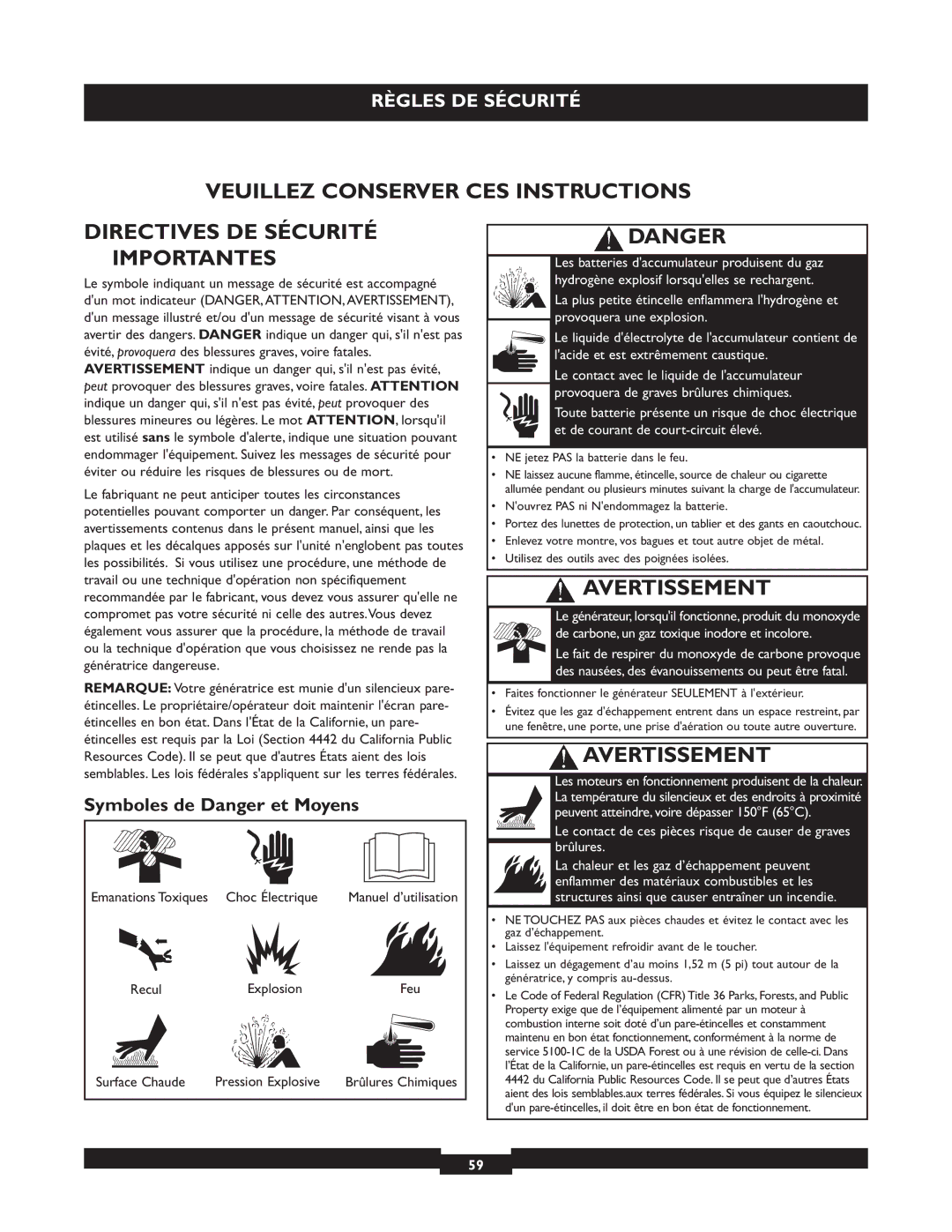 Briggs & Stratton 40221 Avertissement, Symboles de Danger et Moyens, Emanations Toxiques Choc Électrique, Recul Explosion 