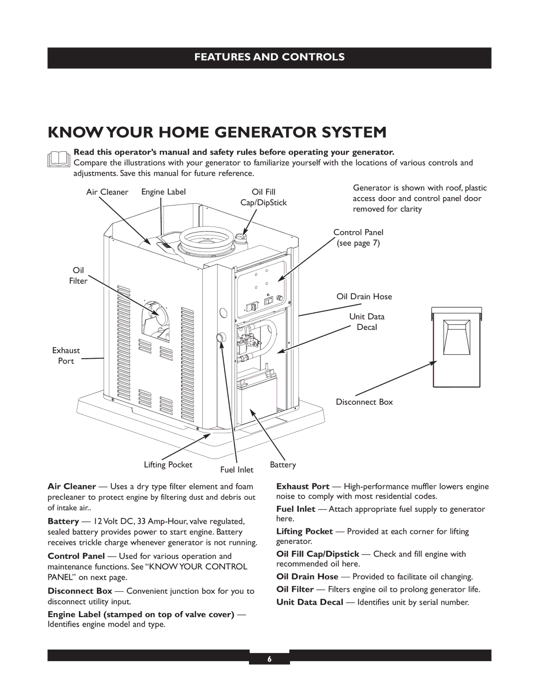 Briggs & Stratton 40221 manual Know Your Home Generator System, Oil Fill, Battery 