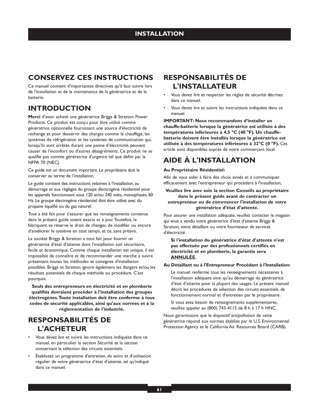 Briggs & Stratton 40221 manual Conservez CES Instructions, Introduction, Responsabilités DE Lacheteur, Aide À Linstallation 