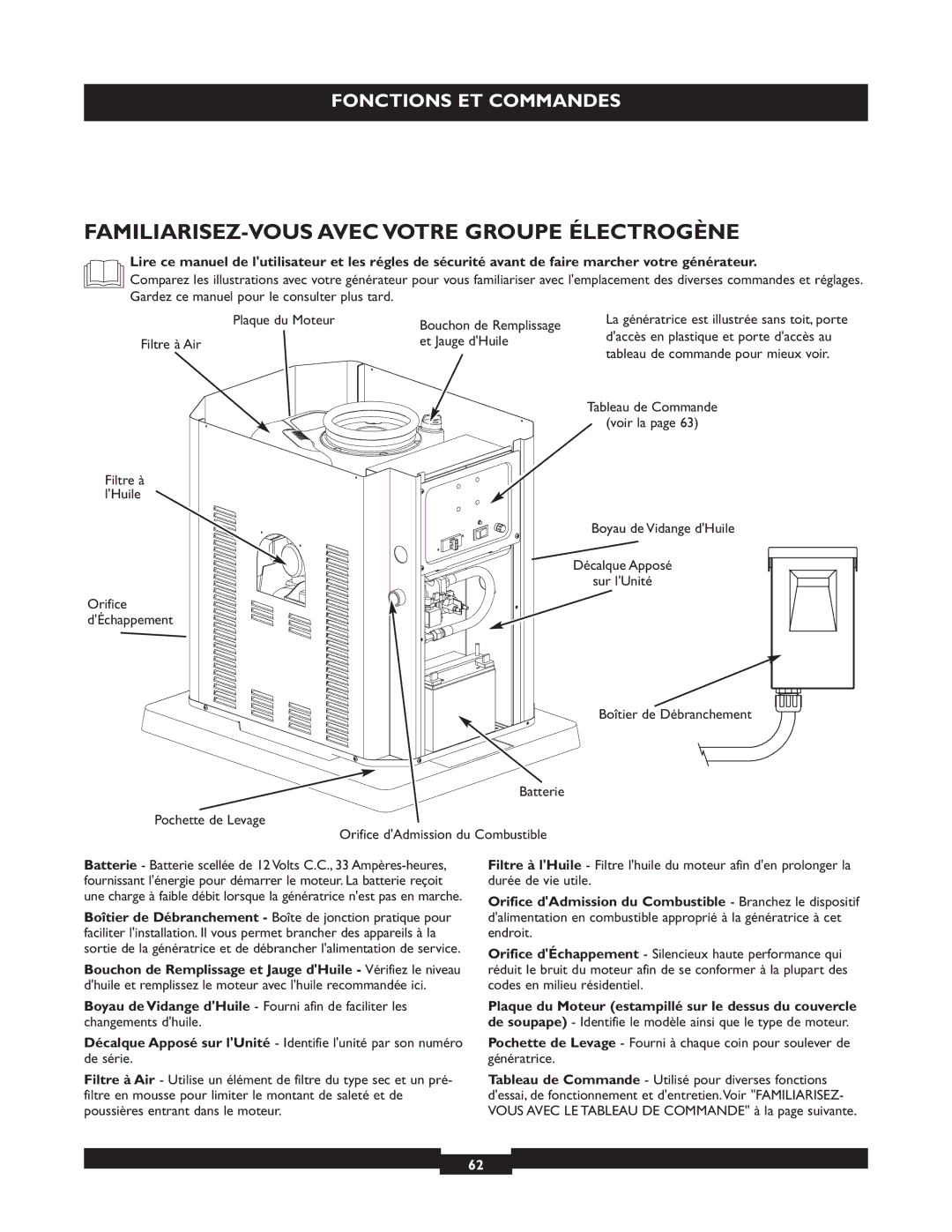 Briggs & Stratton 40221 FAMILIARISEZ-VOUS Avec Votre Groupe Électrogène, Filtre à Air Et Jauge dHuile Filtre à lHuile 