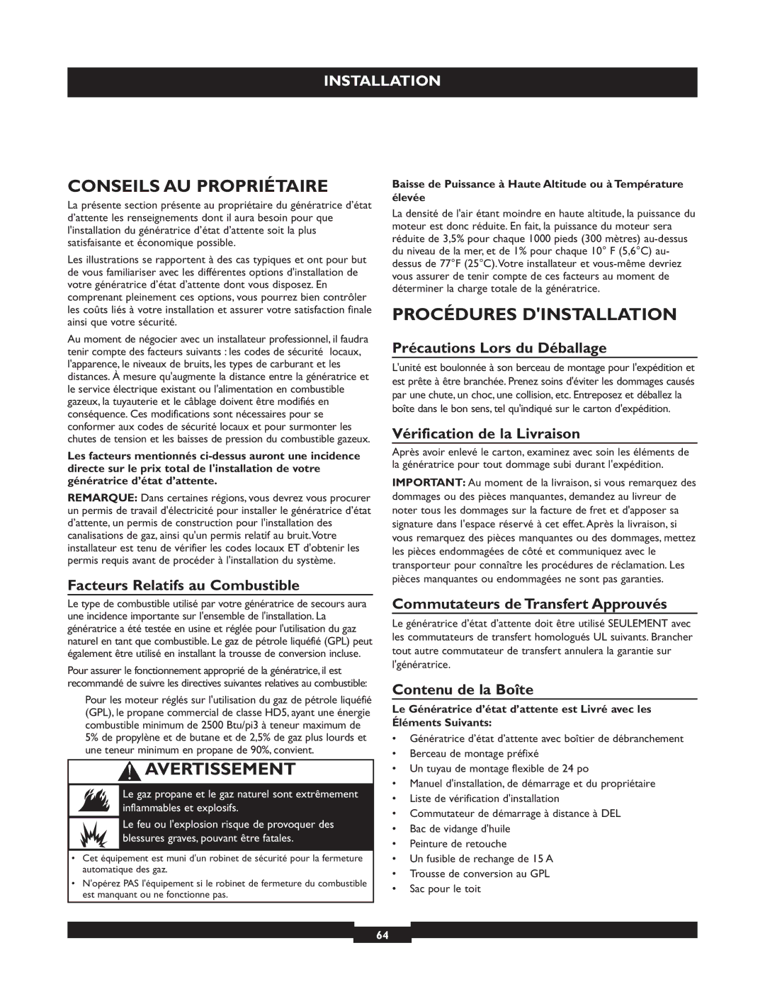 Briggs & Stratton 40221 manual Conseils AU Propriétaire, Procédures Dinstallation 